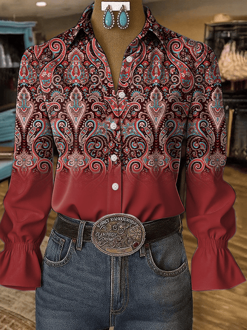 Women's Western Vintage Art Floral Print Shirt