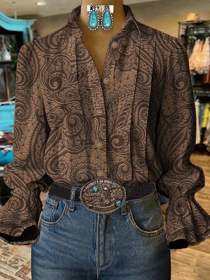 Women's Retro Casual Autumn Western Puff Sleeve Shirt