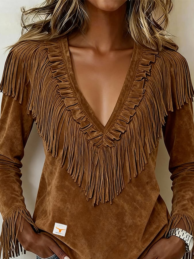 Women's Western V-neck Ruffled Tassel T-shirt