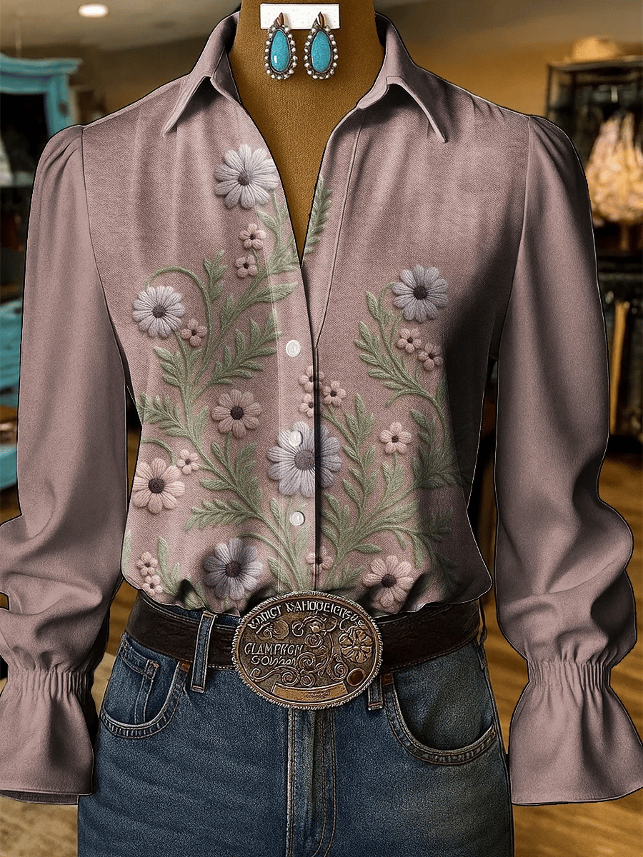 Women's Western Retro Flowers Printed Shirt