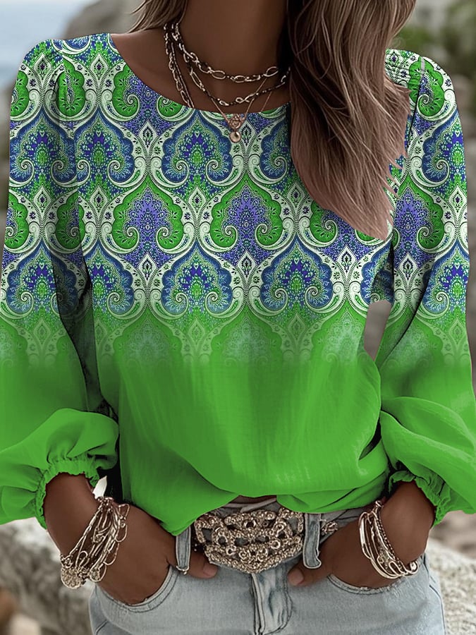 Women's Retro Western Graphic Print Crew Neck Long Sleeve Shirt