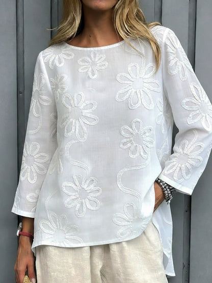 Casual Floral Embroidered 100% Cotton Shirt Top