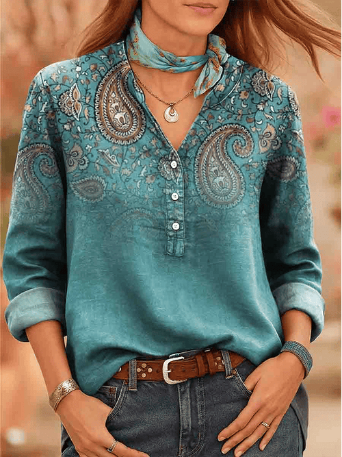 Women's Vintage Western Print Casual Long Sleeve Shirt