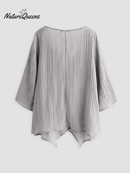 JFN Cotton & Linen Asymmetric Hem Loose Fit Long Sleeve Shirts Tunic Top