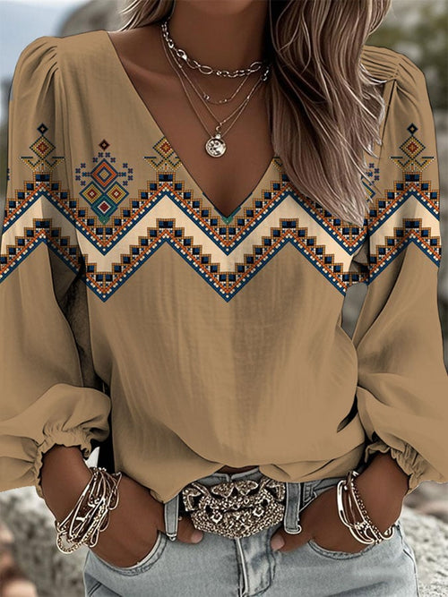 Women's Vintage Western Print V-Neck Shirt